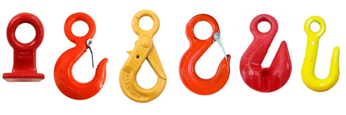 Six lifting hooks with red, orange, and yellow finishes arranged in a row on a white background