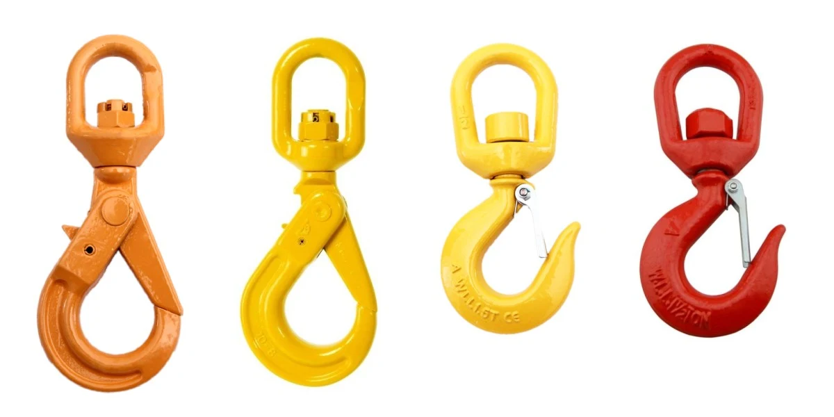 Four swivel lifting hooks in orange, yellow, and red finishes, arranged in a row