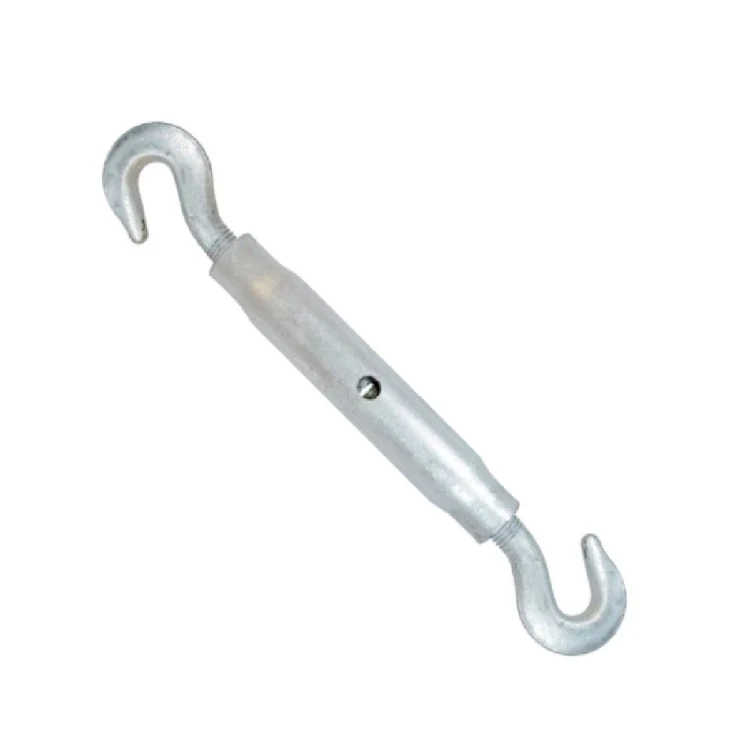 Galvanized steel hook-and-hook turnbuckle with open toggle body, shown diagonally on a white background