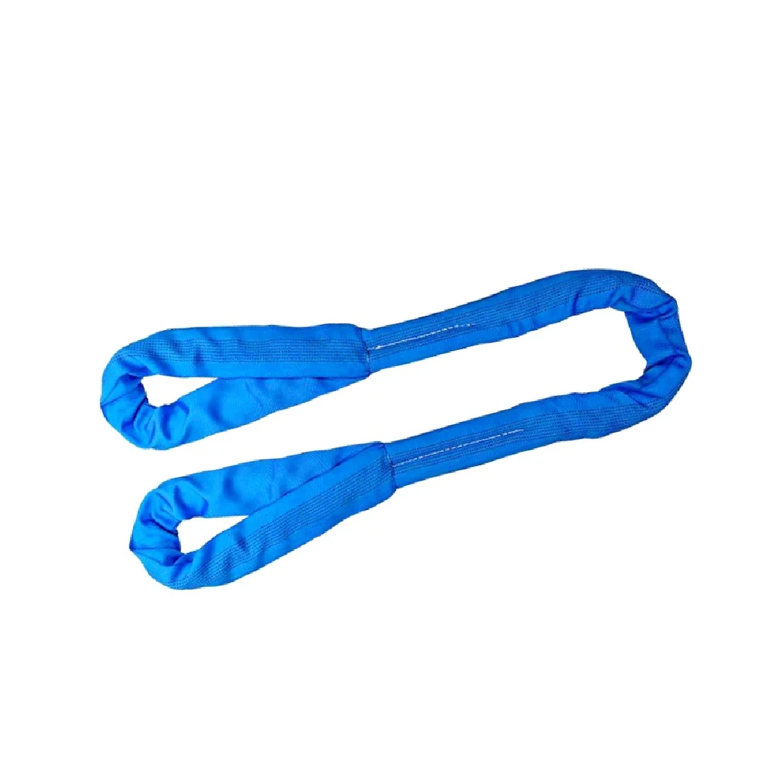 Blue round lifting sling with two soft loop eyes laid on a plain white background