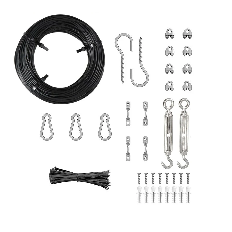 Kit containing black wire coil, S-hooks, carabiners, turnbuckles, cable clamps, zip ties, and wall anchors