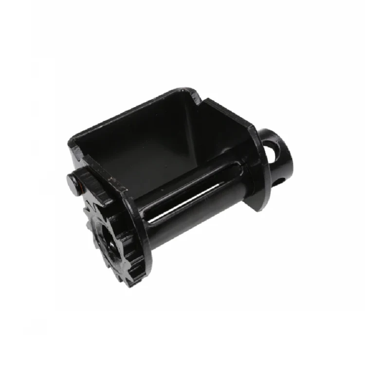 Black painted steel winch drum housing with spool and sprocket gear on white background