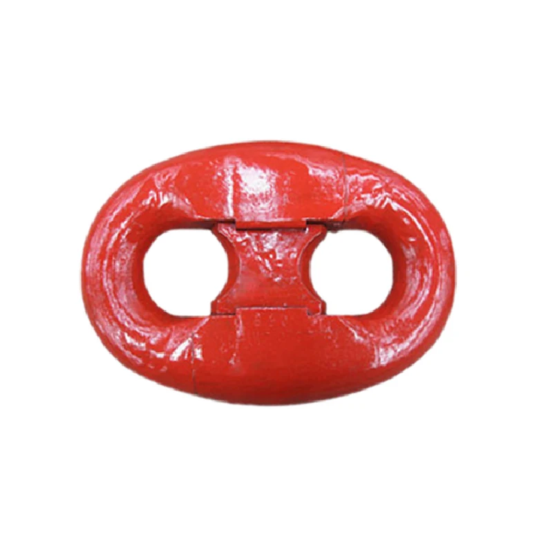 Red painted forged steel chain connecting link centered on a plain white background