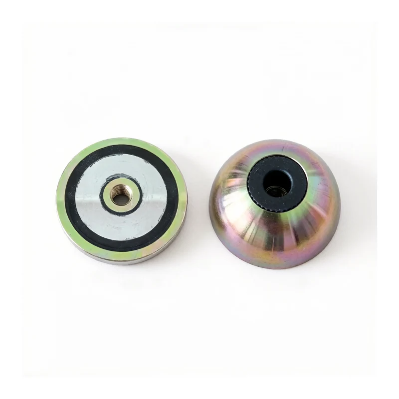 Two round pot magnets with rainbow zinc finish: one flat disc style and one dome cup style with black insert, on white background