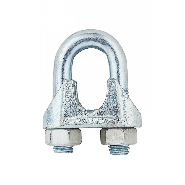 Galvanized steel wire rope clamp with U-bolt, saddle, and two hex nuts on white background