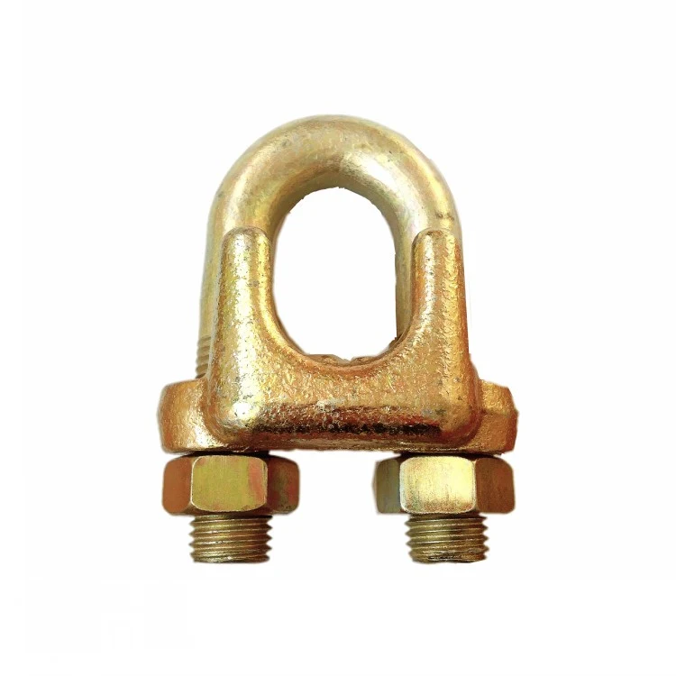 Gold zinc-plated wire rope clip with U-bolt, saddle casting, and two hex nuts on a white background