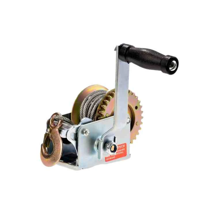 Heavy duty hand winch with steel cable, hook, and black crank handle on a white background