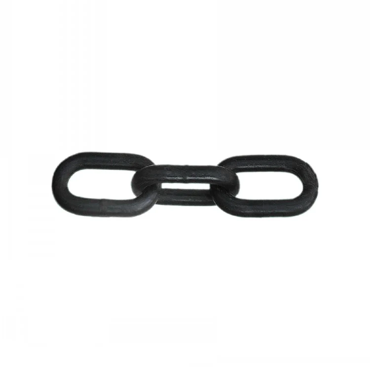 Short length of black welded steel chain with interlocking oval links isolated on a white background
