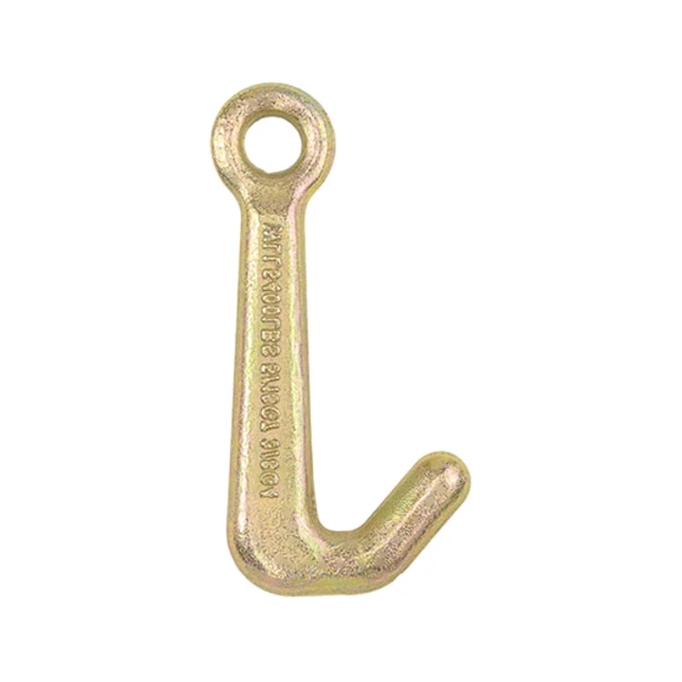 Gold-colored metal J-hook with an eyelet on a white background