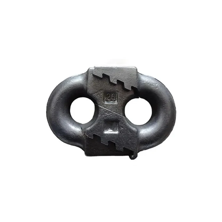 Dark metal flat sawtooth chainlock connector with two eye loops, size 28, on white background