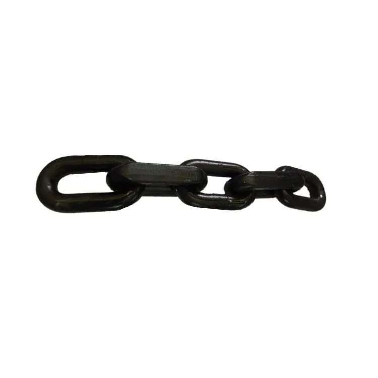 Short segment of black steel link chain lying horizontally on a plain white background