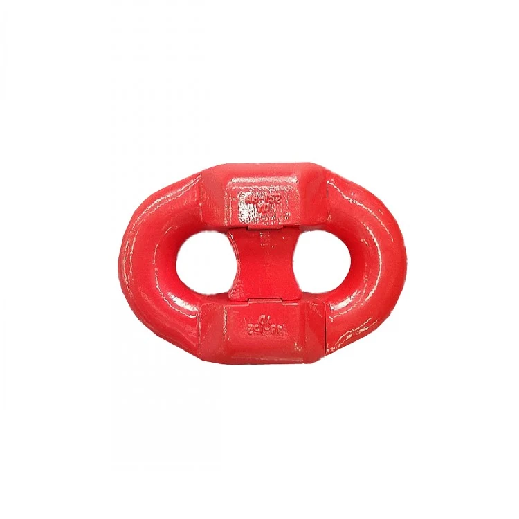 Red painted forged steel chain connecting link with two oval openings on a white background