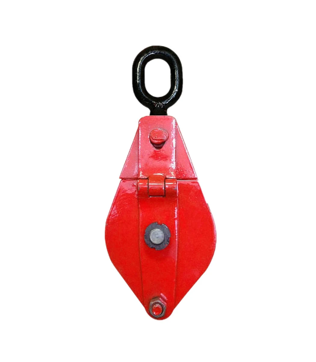 Red snatch block pulley with black shackle eye, shown isolated on a white background