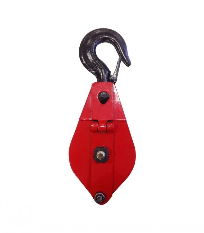 Red single-sheave wire rope pulley block with black swivel hook, centered on a plain white background