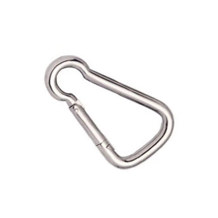 Stainless steel spring snap hook carabiner with spring-loaded gate on plain white background