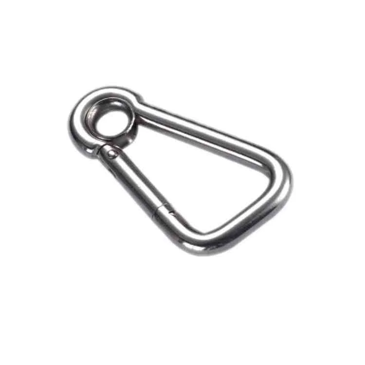 Polished stainless steel oblique angle snap hook with eyelet on a white background