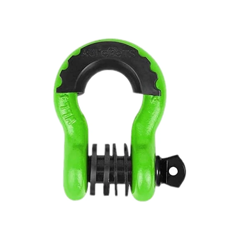 Green bow shackle with a black rubber saddle protector and pin