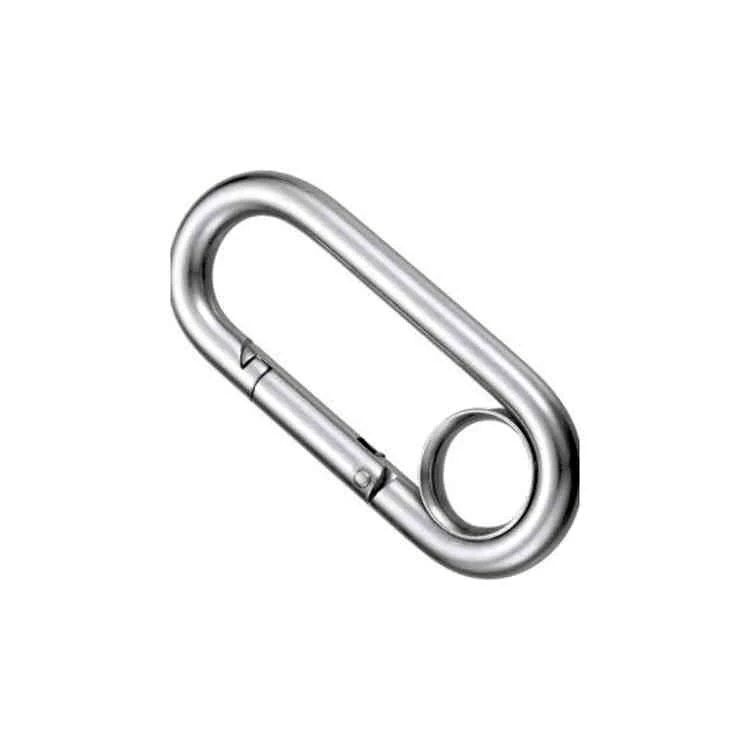 Polished steel quick link carabiner connector with threaded nut, isolated on a plain white background