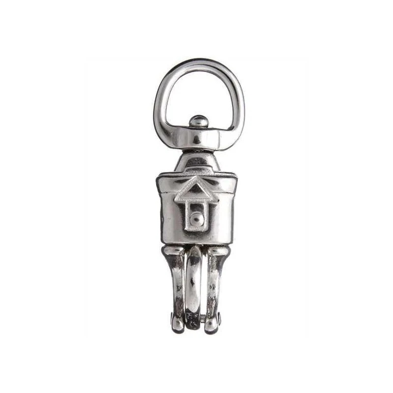 Polished metal swivel eye snap hook with round ring and claw clasp on a plain white background