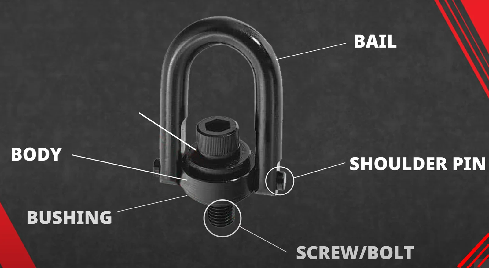 Annotated diagram of a hoist ring showing bail, body, bushing, shoulder pin, and screw bolt