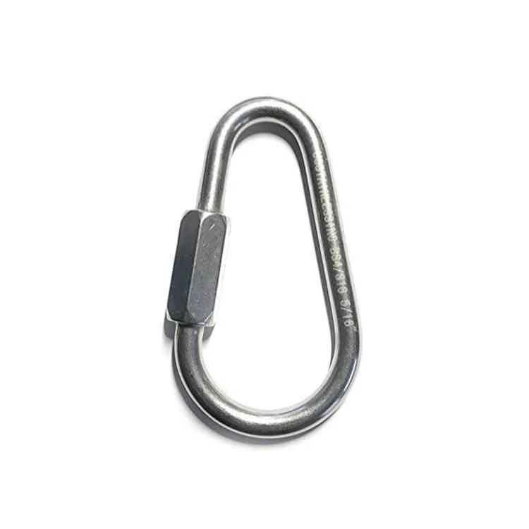Stainless steel screw-lock quick link carabiner centered on a plain white background