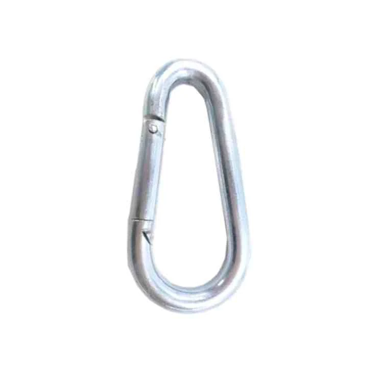 Silver steel snap hook carabiner with spring-loaded gate on a plain white background