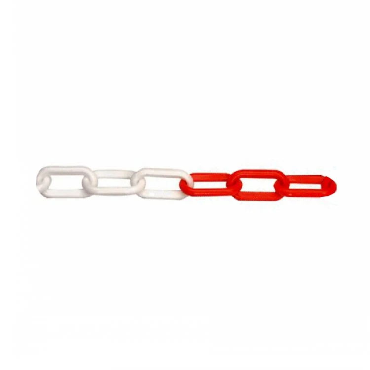 Red and white plastic safety barrier chain segment on a plain white background