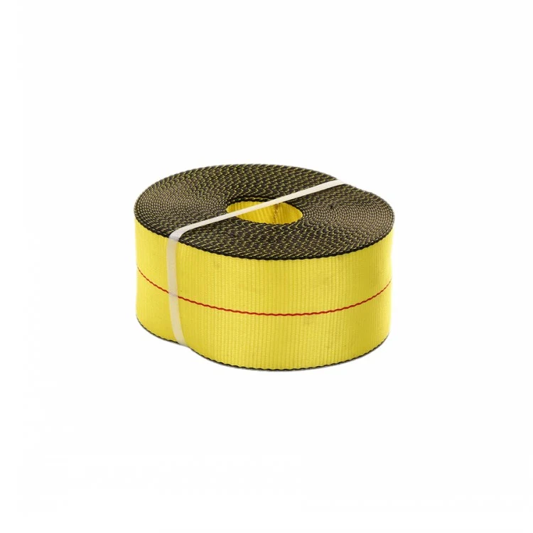 Coiled roll of yellow webbing strap with red center line, bound with white banding, on a white background