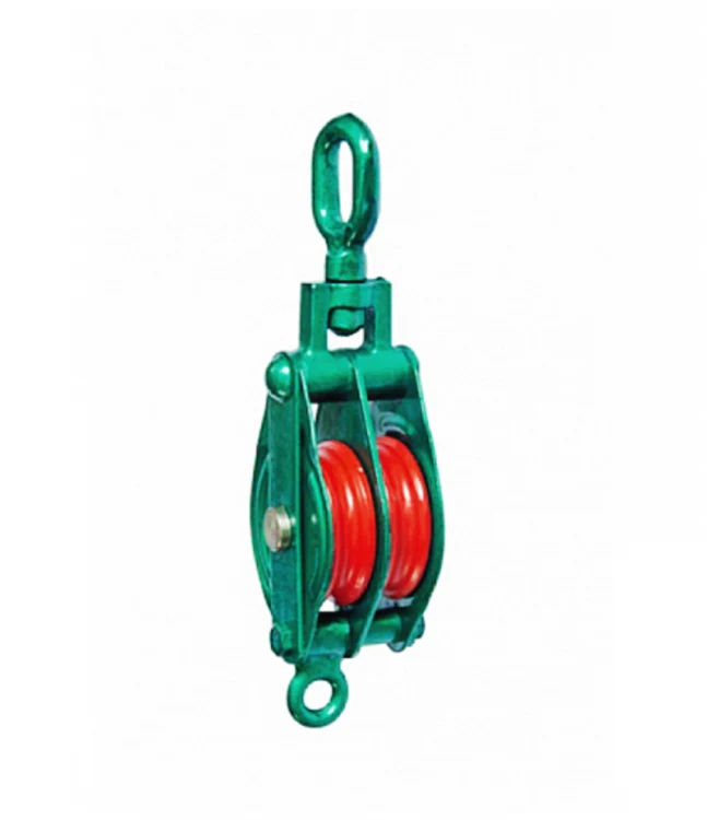 Green double pulley block with two red sheaves, oval eye top, and small ring bottom