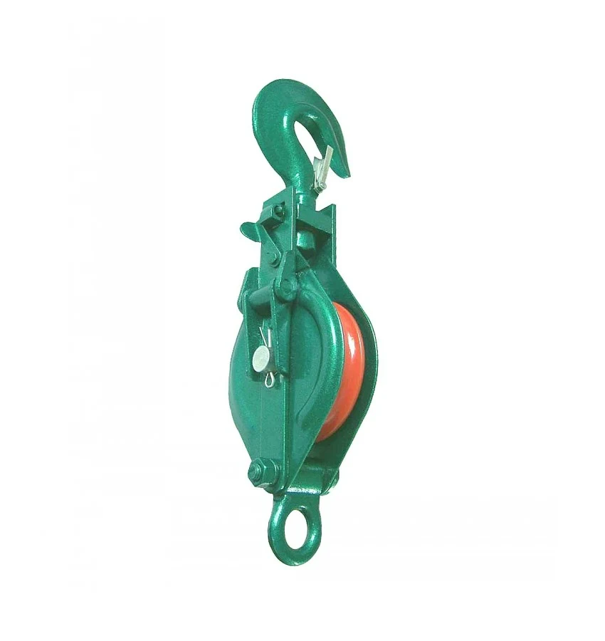 Green pulley block with red sheave, top swivel hook and bottom eye ring, shown on white background