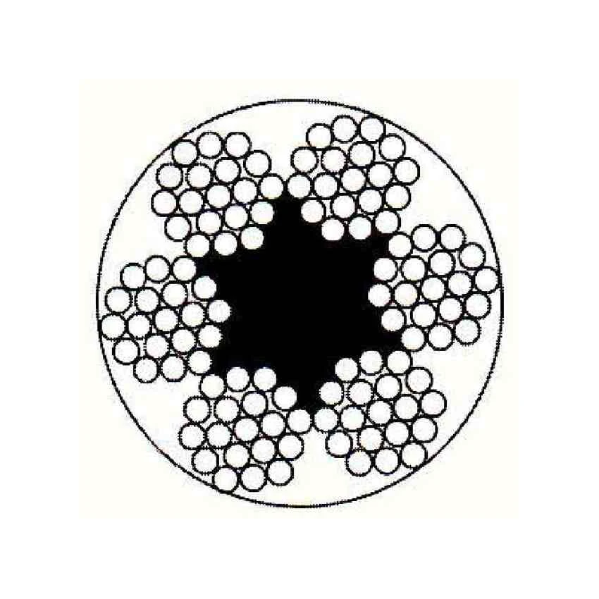 Black and white diagram showing the cross-section of a steel wire rope with six strands and a central core