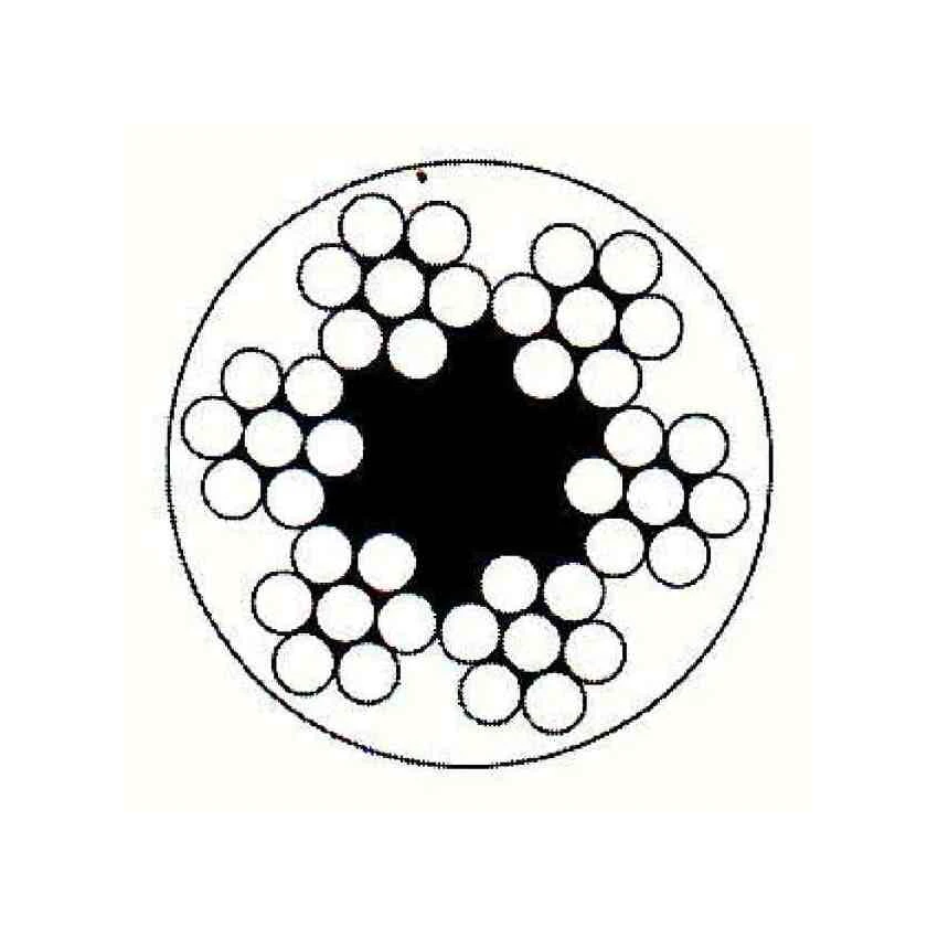 Technical cross-section diagram of a steel wire rope with a central core and surrounding strands