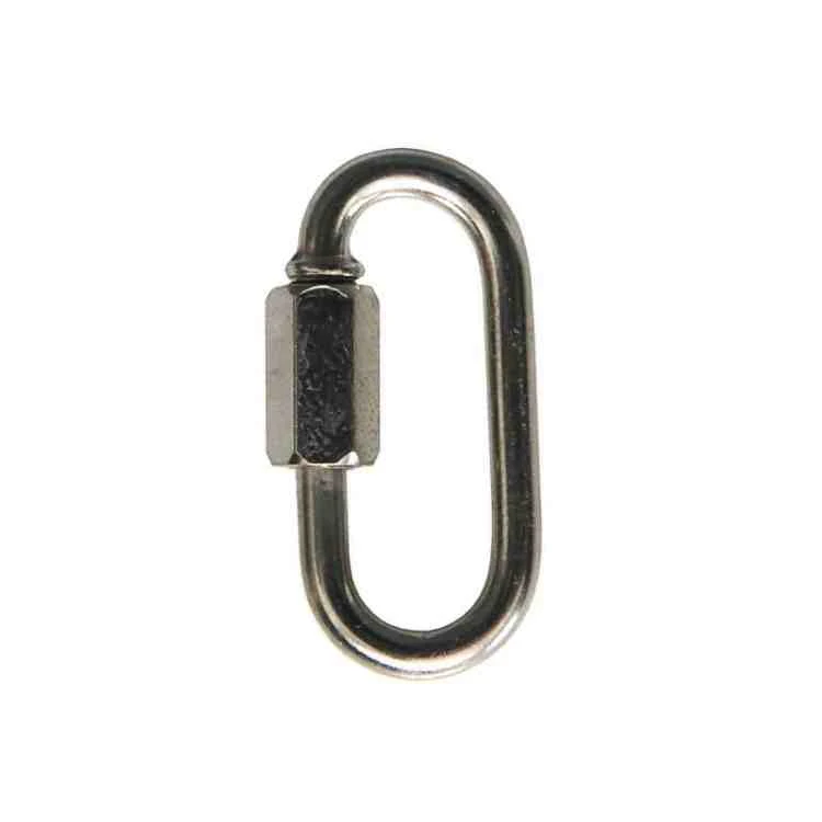Polished steel quick link coupling with threaded hexagonal nut on a white background