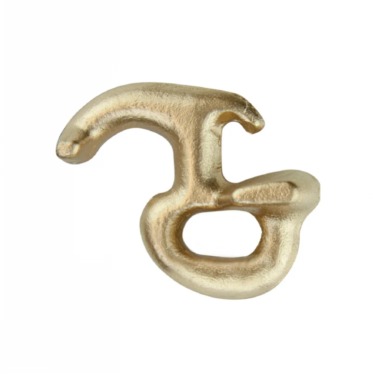 Gold-toned forged metal grab hook with curved hook end and eye loop