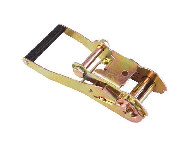 Yellow zinc-plated steel ratchet buckle with black rubber grip handle on a white background