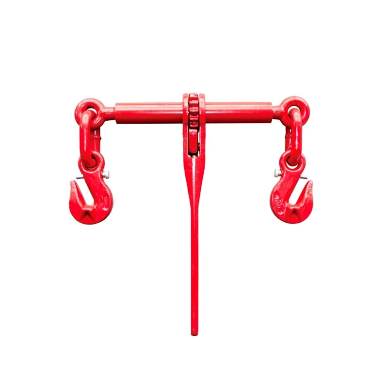 Red ratchet-type chain load binder with two grab hooks and long handle on a white background