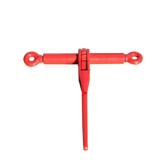 Red painted industrial rigging turnbuckle with a central ratchet lever and eyelets on each side