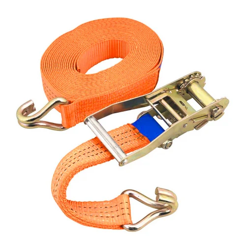 Orange ratchet lashing strap coiled with metal J-hooks and buckle on white background