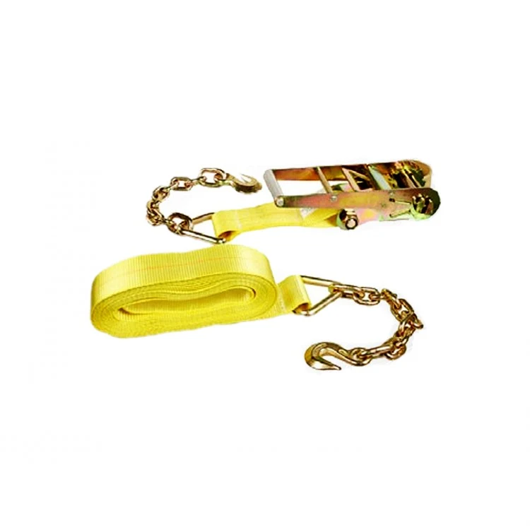 Yellow ratchet tie-down strap with metal ratchet buckle and chain grab hooks on a white background