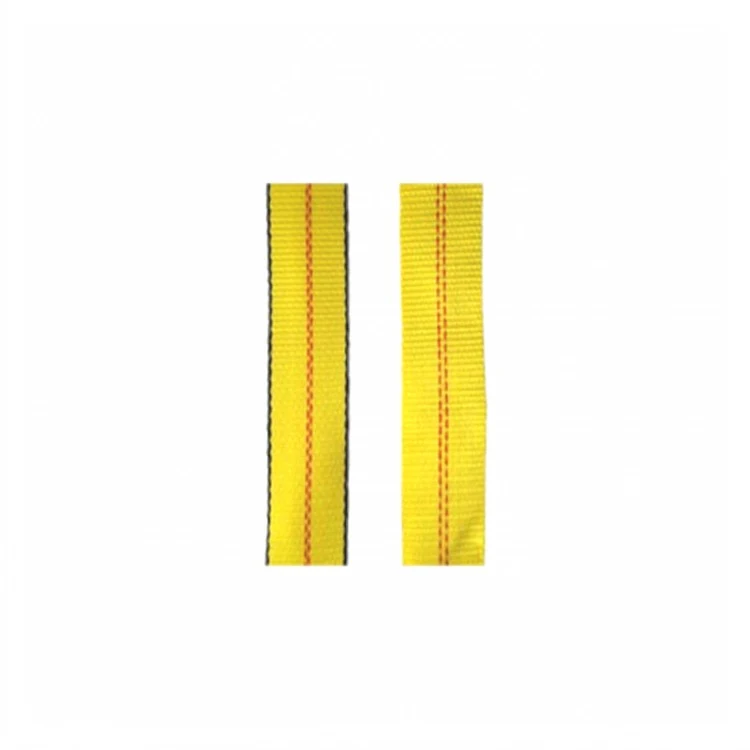 Two vertical strips of yellow woven webbing with red center stitching on a white background
