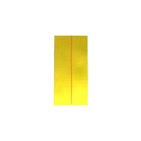 Yellow woven webbing strap with orange center stripe on white background