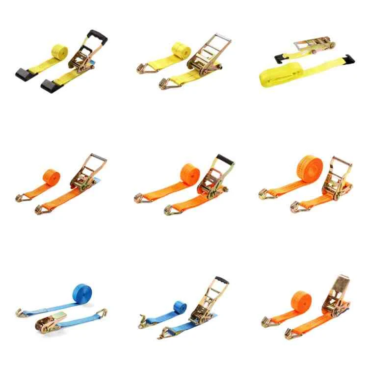 Grid of nine ratchet strap tie-downs with metal hooks in yellow, orange, and blue on a white background