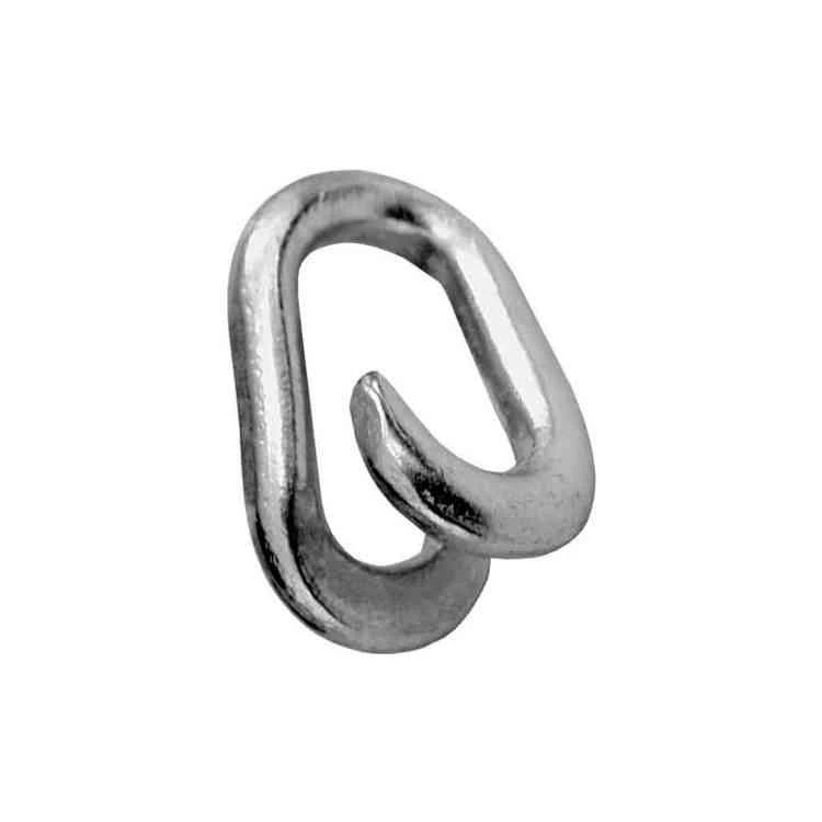 Polished steel oval quick link with an open hook end, centered on a plain white background