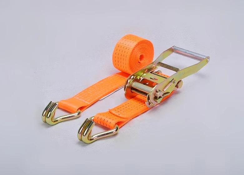 Orange ratchet tie-down strap with metal ratchet buckle and wire hooks on a white background