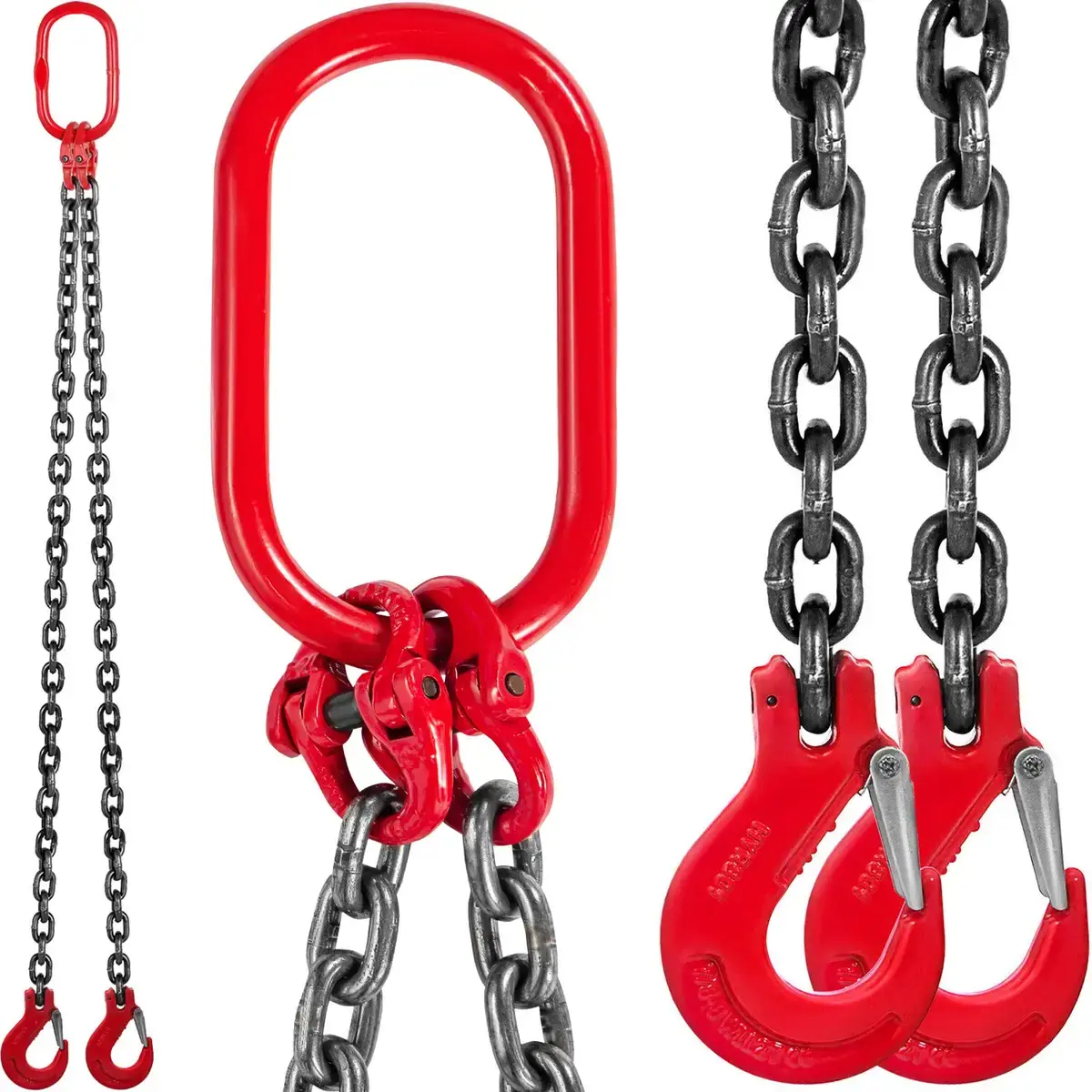 Double-leg chain sling with red master link, black alloy chain, and red safety hooks shown from multiple angles on white background