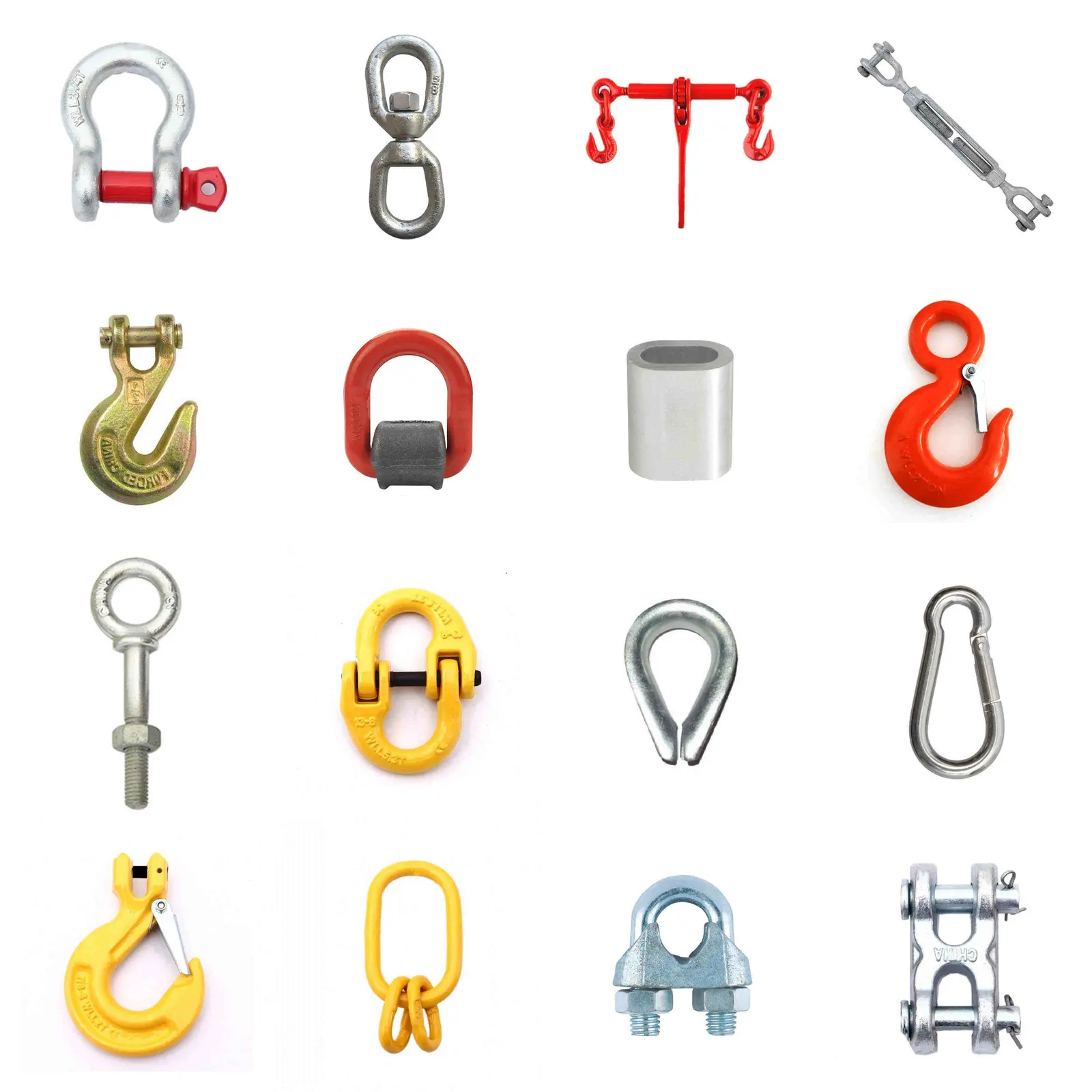 Grid of rigging hardware including shackles, hooks, a turnbuckle, swivel, thimble, eye bolt and master links on white background