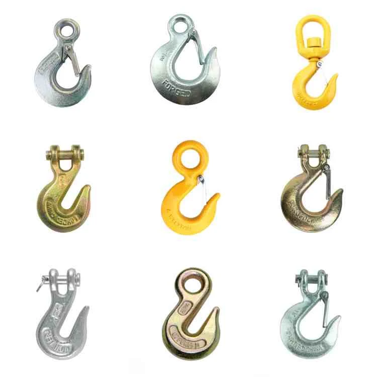 Grid of nine steel lifting hooks, including eye, clevis, and swivel hooks, in galvanized and yellow finishes on white