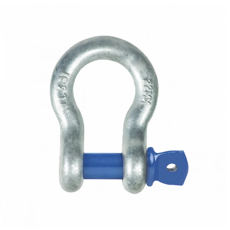 Galvanized bow shackle with a blue bolt and nut fastener on a white background