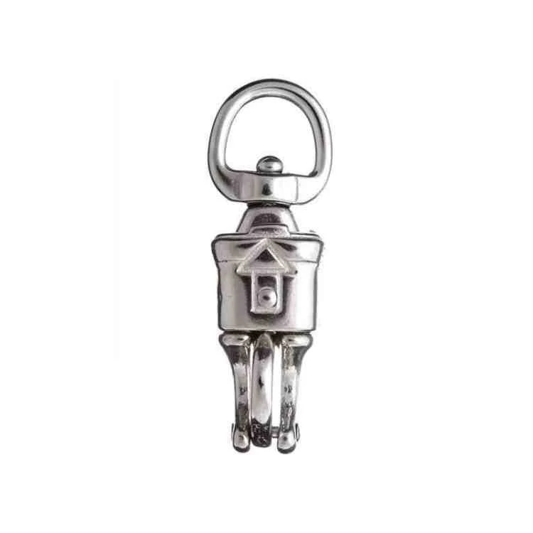 Polished metal swivel snap hook with round top ring and embossed upward arrow on the clasp body