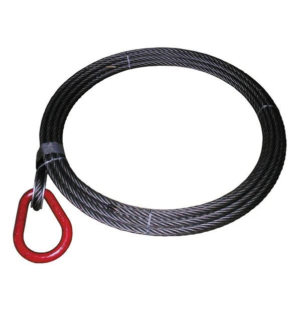 Coiled steel wire rope secured with a red oval master link on a white background